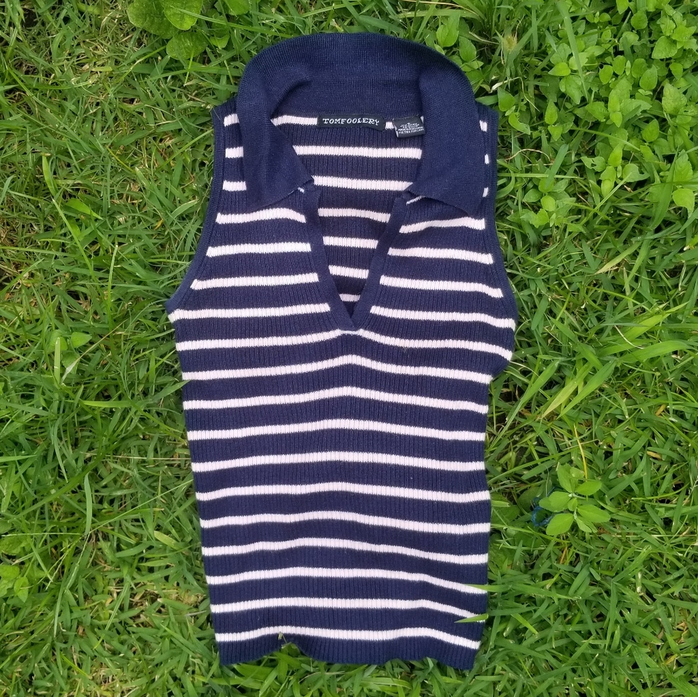 Pink and Blue Stripped Collared Top Y2K Sz S